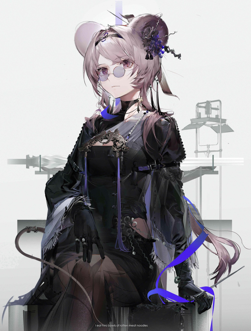 1girl animal_ears arknights belt black_gloves black_jacket breasts cleavage_cutout closed_mouth clothing_cutout english_text feet_out_of_frame gloves grey_hair hair_intakes hair_ornament hairband hairpin highres jacket lin_(arknights) long_hair long_sleeves looking_at_viewer pince-nez shuiyaoximushi slit_pupils small_breasts solo tail violet_eyes