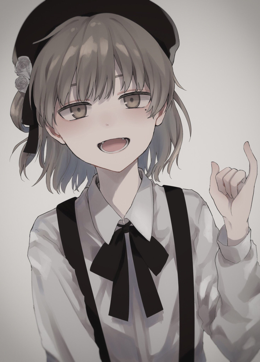 1girl arm_at_side beret black_headwear black_ribbon brown_eyes brown_hair collared_shirt commentary dress_shirt fangs floating_hair flower grey_background grey_shirt hair_flower hair_ornament hair_ribbon half-closed_eyes hand_up hat hatoba_tsugu highres kuu_(abc823) leaning_to_the_side long_sleeves looking_at_viewer medium_hair mole mole_under_eye neck_ribbon open_mouth pinky_out pinky_swear ribbon rose shirt simple_background single_hair_ring smile solo suspenders tsugu_(vtuber) upper_body virtual_youtuber white_flower white_rose