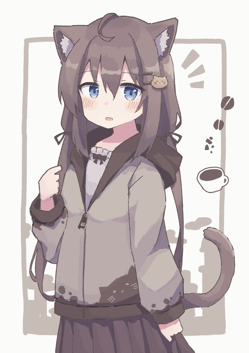 1girl absurdres animal_ear_fluff animal_ears arm_at_side blue_eyes blush_stickers brown_hair brown_skirt cat_ears cat_girl cat_tail coffee_beans coffee_cup colon_br cowboy_shot cup disposable_cup grey_jacket hair_between_eyes hair_ornament hairclip highres hood hood_down hooded_jacket jacket long_sleeves looking_at_viewer notice_lines original partially_unzipped pleated_skirt raised_eyebrows sidelocks simple_background skirt solo tail white_background zipper_pull_tab