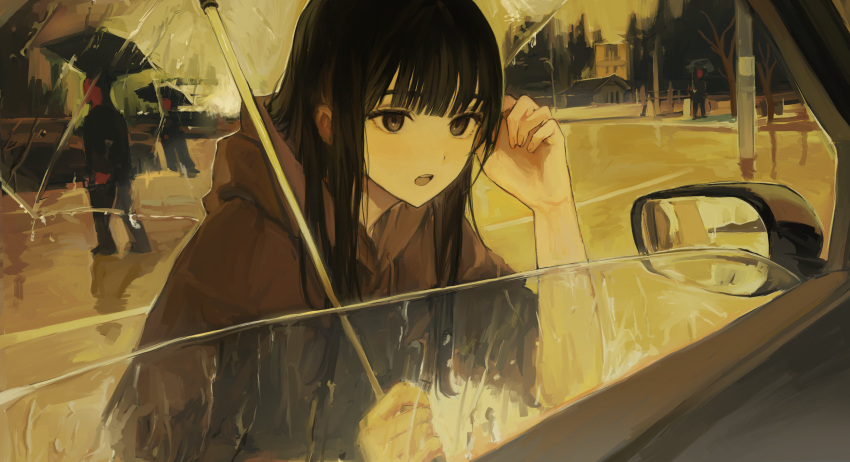 1boy 4others absurdres black-haired_boy_(iwzry) black_hair black_jacket black_pants black_umbrella brown_coat car_interior coat faceless fingernails funabashi_(iwzry) grey_eyes hand_up hands_up highres hime_cut holding holding_umbrella hood hood_down hooded_coat house jacket long_fingernails long_hair long_sleeves looking_at_viewer multiple_others nail_polish original outdoors pants pink_nails rain road short_hair sidelocks sky solo_focus standing transparent transparent_umbrella tree umbrella walking yellow_sky