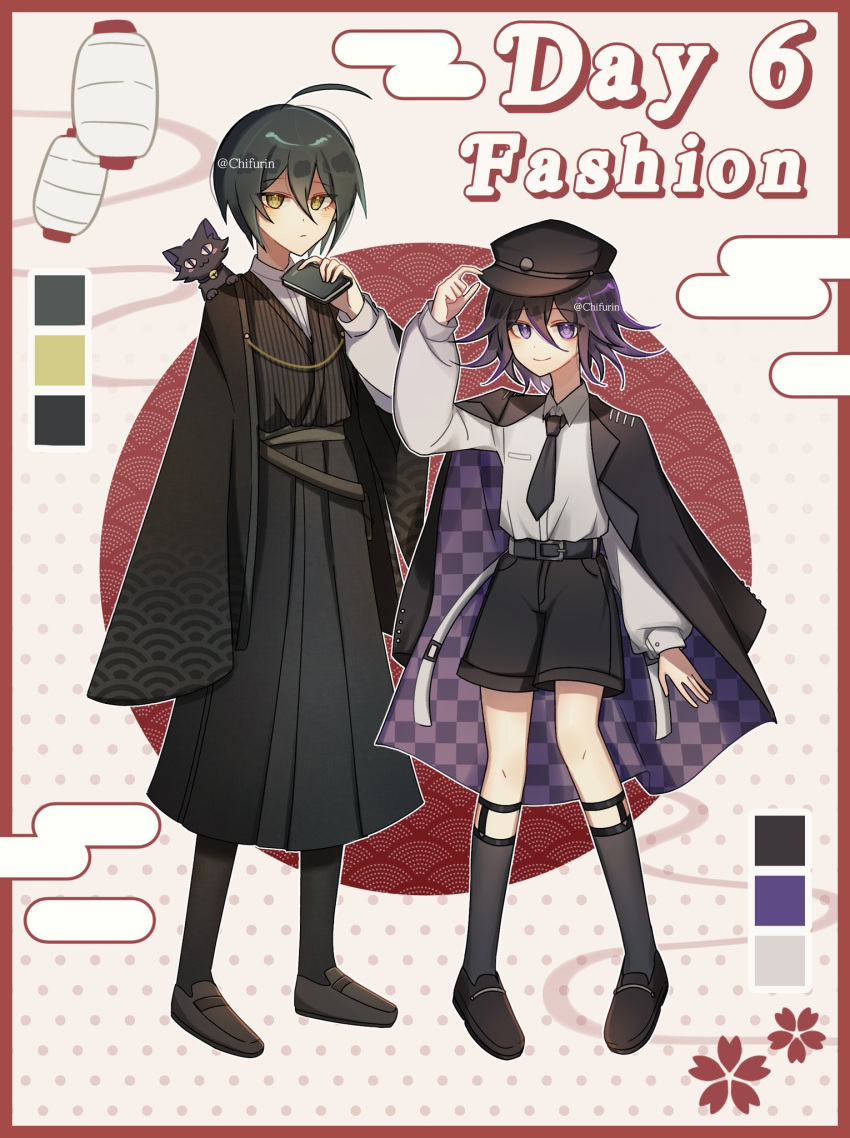 2boys ahoge alternate_costume animal arm_up black_headwear black_necktie black_shorts black_socks book cat checkered_clothes checkered_jacket chifurin collared_shirt danganronpa_(series) danganronpa_v3:_killing_harmony english_text full_body hair_between_eyes hand_up highres holding holding_book jacket kneehighs long_sleeves looking_at_viewer medium_hair multicolored_background multiple_boys necktie oma_kokichi purple_hair saihara_shuichi shirt shirt_tucked_in shorts sleeves_past_fingers sleeves_past_wrists smile socks two-sided_fabric two-sided_jacket violet_eyes white_shirt