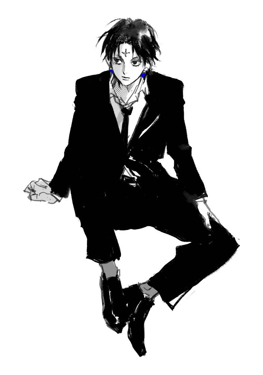 1boy absurdres black_eyes black_hair black_necktie black_suit chrollo_lucilfer cross_tattoo earrings facial_mark facial_tattoo forehead_mark forehead_tattoo formal full_body hhkashi highres hunter_x_hunter jewelry long_sleeves looking_to_the_side male_focus necktie shirt short_hair simple_background sitting solo suit tattoo white_background white_shirt