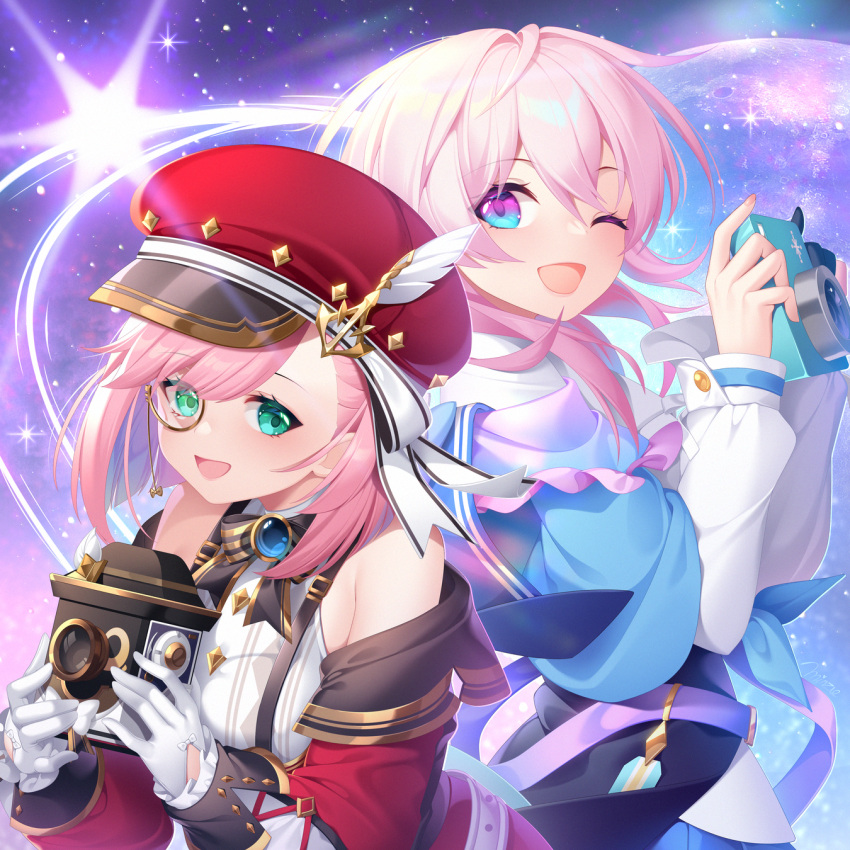 2girls :d archery_shooting_glove bare_shoulders black_corset blue_eyes blue_gemstone blue_jacket breasts camera charlotte_(genshin_impact) company_connection corset detached_sleeves gem genshin_impact gloves green_eyes hair_between_eyes hat_feather highres holding holding_camera honkai:_star_rail honkai_(series) jacket long_sleeves looking_at_viewer march_7th_(honkai:_star_rail) medium_breasts medium_hair mihoyo minzieart multiple_girls one_eye_closed partially_fingerless_gloves pink_eyes pink_hair red_headwear shirt single_glove sleeveless smile suspenders trait_connection two-tone_eyes upper_body white_gloves white_sleeves