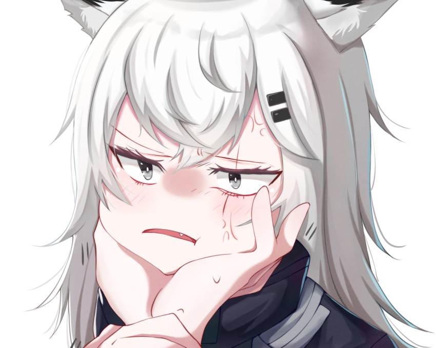 1girl 1other anger_vein animal_ear_fluff animal_ears arknights black_jacket fang grey_eyes grey_hair hair_between_eyes hair_ornament hairclip hand_up highres holding_another's_wrist jacket langou62797 lappland_(arknights) long_hair out_of_frame parted_lips simple_background upper_body white_background