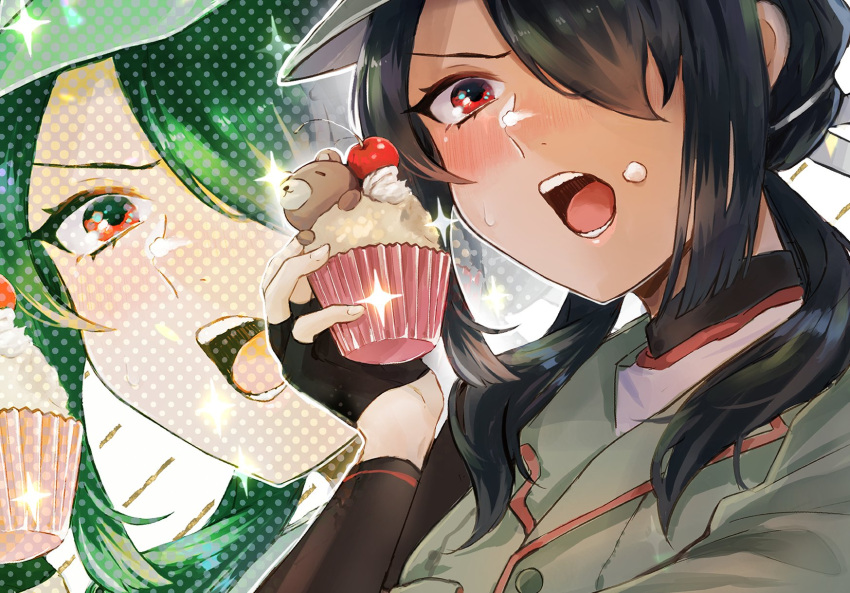 1girl black_gloves black_hair commentary_request cupcake eating fingerless_gloves food gloves hagioshi highres kantai_collection kumano_maru_(kancolle) long_hair military_uniform multiple_views red_eyes sidelocks teeth uniform upper_body zoom_layer