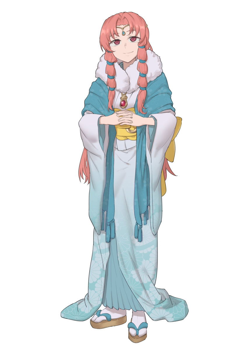 1girl blue_kimono circlet ebinku fire_emblem fire_emblem:_thracia_776 fur-trimmed_kimono fur_collar fur_trim highres japanese_clothes kimono linoan_(fire_emblem) long_hair long_sleeves looking_at_another obi own_hands_together pink_eyes pink_hair sandals sash simple_background smile solo white_background wide_sleeves