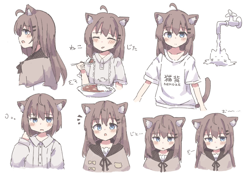 1girl :t =3 absurdres ahoge animal_ear_fluff animal_ears black_ribbon blue_eyes blush_stickers brown_capelet brown_hair capelet cat_ears cat_tail center_frills collarbone colon_br cropped_torso dot_nose ears_down expressions frilled_shirt frills from_side grey_hoodie hair_between_eyes hair_ornament hairclip highres hood hood_down hoodie long_hair long_sleeves looking_at_viewer multiple_views neck_ribbon original pout print_shirt ribbon shirt sidelocks simple_background straight_hair tail white_background white_shirt