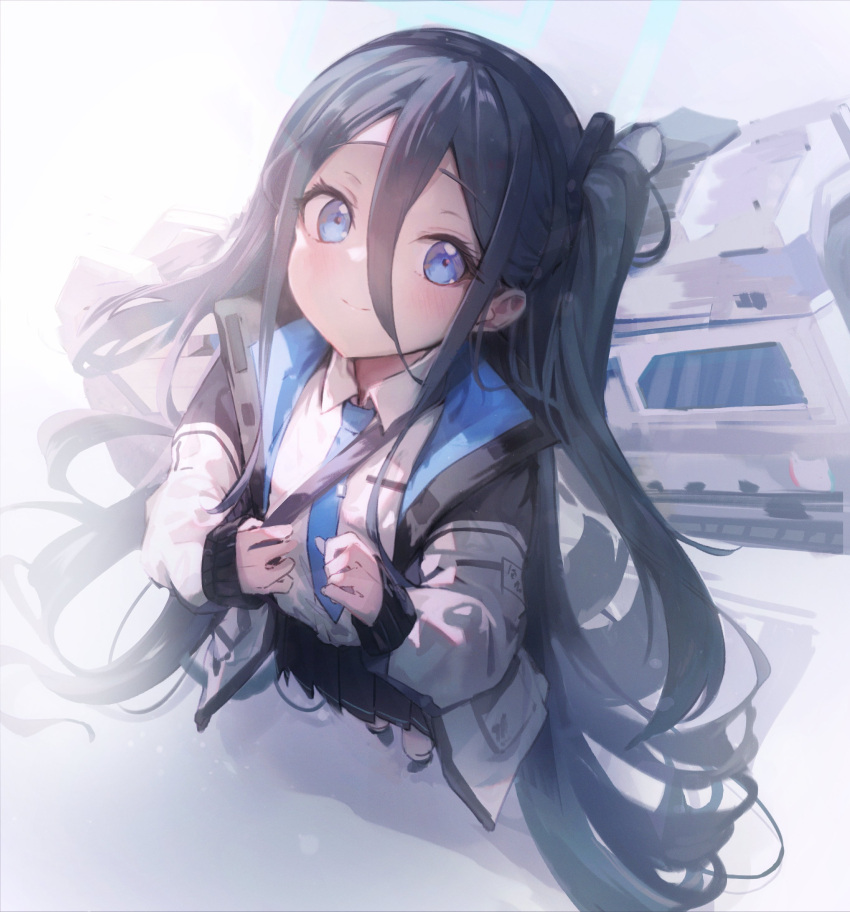 1girl absurdres aris_(blue_archive) black_hair blue_archive blue_eyes blue_necktie blush closed_mouth commentary from_above hair_between_eyes hair_spread_out halo highres jacket kyaroru long_bangs long_hair looking_at_viewer necktie one_side_up open_clothes open_jacket railgun sidelocks solo standing very_long_hair weapon weapon_on_back