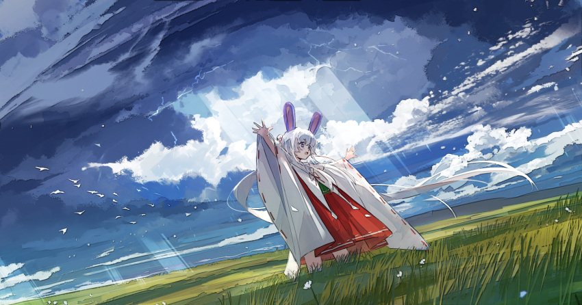 1girl animal_ears axleaki bird clouds cloudy_sky commentary day dutch_angle field grass highres japanese_clothes landscape light_blush light_rays long_hair long_sleeves miko open_mouth original outdoors outstretched_arms petals rabbit_ears scenery sky solo standing sunbeam sunlight thunder violet_eyes white_hair wide_shot wide_sleeves