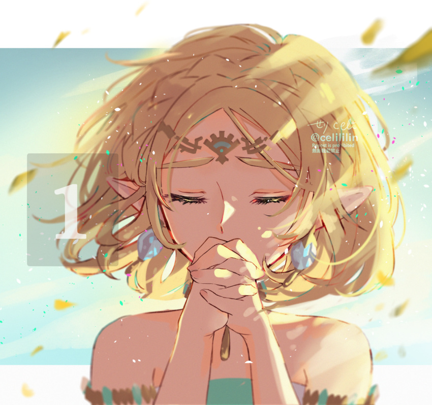 1girl bare_shoulders blonde_hair blurry blurry_foreground circlet closed_eyes dress earrings falling_petals highres jewelry letterboxed off-shoulder_dress off_shoulder own_hands_clasped own_hands_together parted_bangs pendant_choker petals pointy_ears praying princess_zelda seri_(yuukasakura) short_hair solo the_legend_of_zelda the_legend_of_zelda:_tears_of_the_kingdom twitter_username upper_body