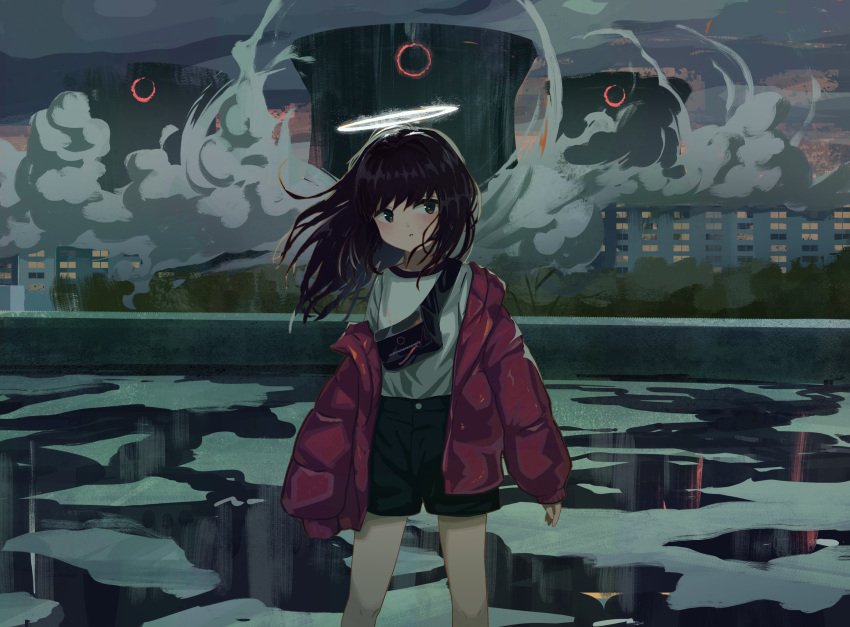 1girl :c bag bare_legs black_eyes black_hair black_shorts blush building cooling_tower down_jacket dusk dust_cloud evening feet floating_hair high-waist_shorts highres jacket kgt_(pixiv12957613) long_hair long_sleeves looking_to_the_side off_shoulder open_clothes open_jacket original outdoors parted_lips red_jacket reflection shirt shorts shoulder_bag solo thighs water white_shirt