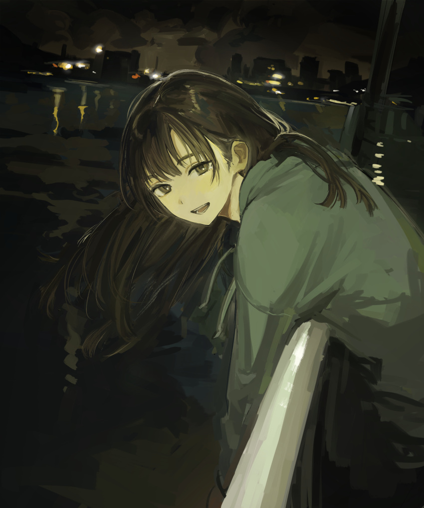 1boy absurdres against_railing androgynous black-haired_boy_(iwzry) black_hair brown_eyes brown_hair city_lights feet_out_of_frame funabashi_(iwzry) green_hoodie highres hood hoodie leaning_forward long_hair looking_at_viewer male_focus night open_mouth original outdoors railing smile solo water