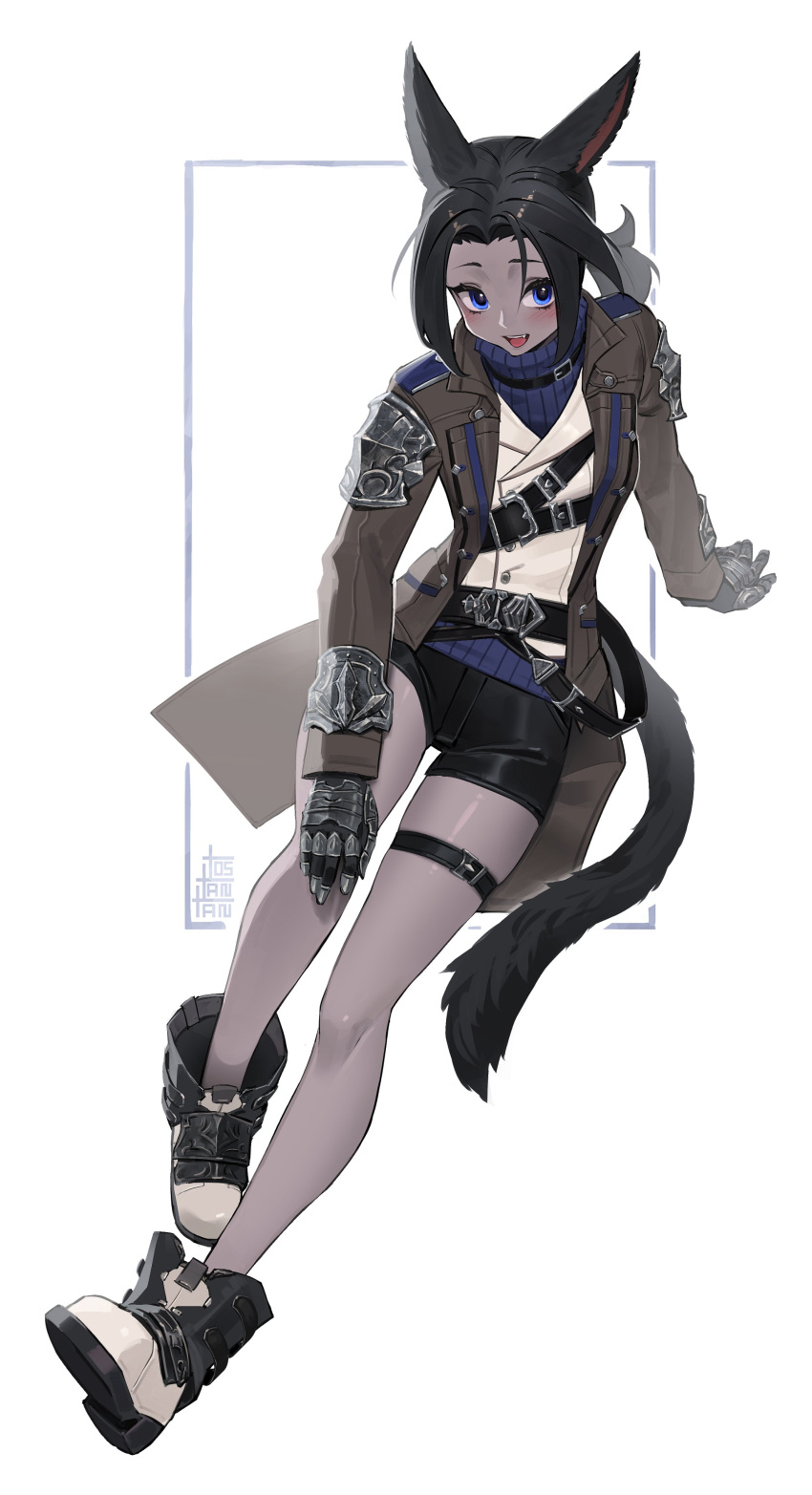 1girl absurdres animal_ears arm_support belt black_hair blue_eyes boots cat_ears cat_girl cat_tail colored_skin final_fantasy final_fantasy_xiv gauntlets grey_skin highres long_coat looking_at_viewer low_ponytail midd_night miqo'te shorts solo tail tostantan warrior_of_light_(ff14) white_background