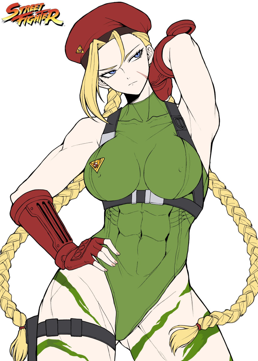 1girl abs ahoge armpits bare_shoulders beret braid breasts cammy_white camouflage capcom covered_nipples fingerless_gloves gloves green_leotard hand_on_own_hip hat highleg highleg_leotard highres impossible_clothes large_breasts leotard long_hair muscular muscular_female scar scar_on_face simple_background solo street_fighter street_fighter_6 twin_braids very_long_hair white_background yones81239278
