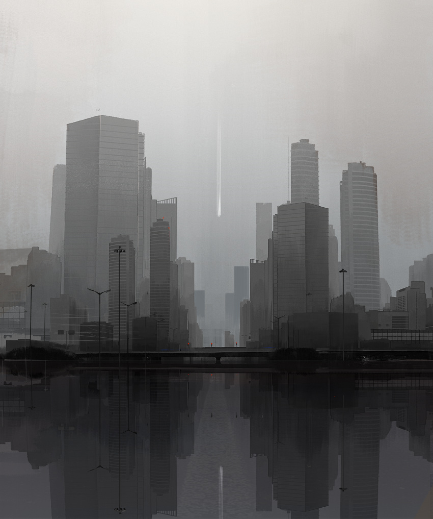 absurdres bridge building city cityscape contrail day highres kgt_(pixiv12957613) lake lamppost no_humans original outdoors overcast reflection reflective_water scenery sky skyscraper