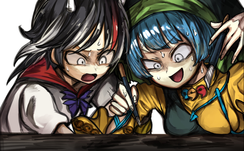 2girls absurdres apron blue_hair blunt_bangs bow bowtie dress frown green_apron green_headwear grey_eyes haniyasushin_keiki head_scarf highres holding holding_brush horns jewelry kijin_seija long_sleeves magatama magatama_necklace multicolored_hair multiple_girls necklace open_mouth piaki puffy_short_sleeves puffy_sleeves purple_bow purple_bowtie red_sailor_collar sailor_collar short_hair short_sleeves single_strap smile streaked_hair sweat table tools touhou touhou_cannonball v-shaped_eyebrows white_dress white_horns wide_sleeves yellow_dress