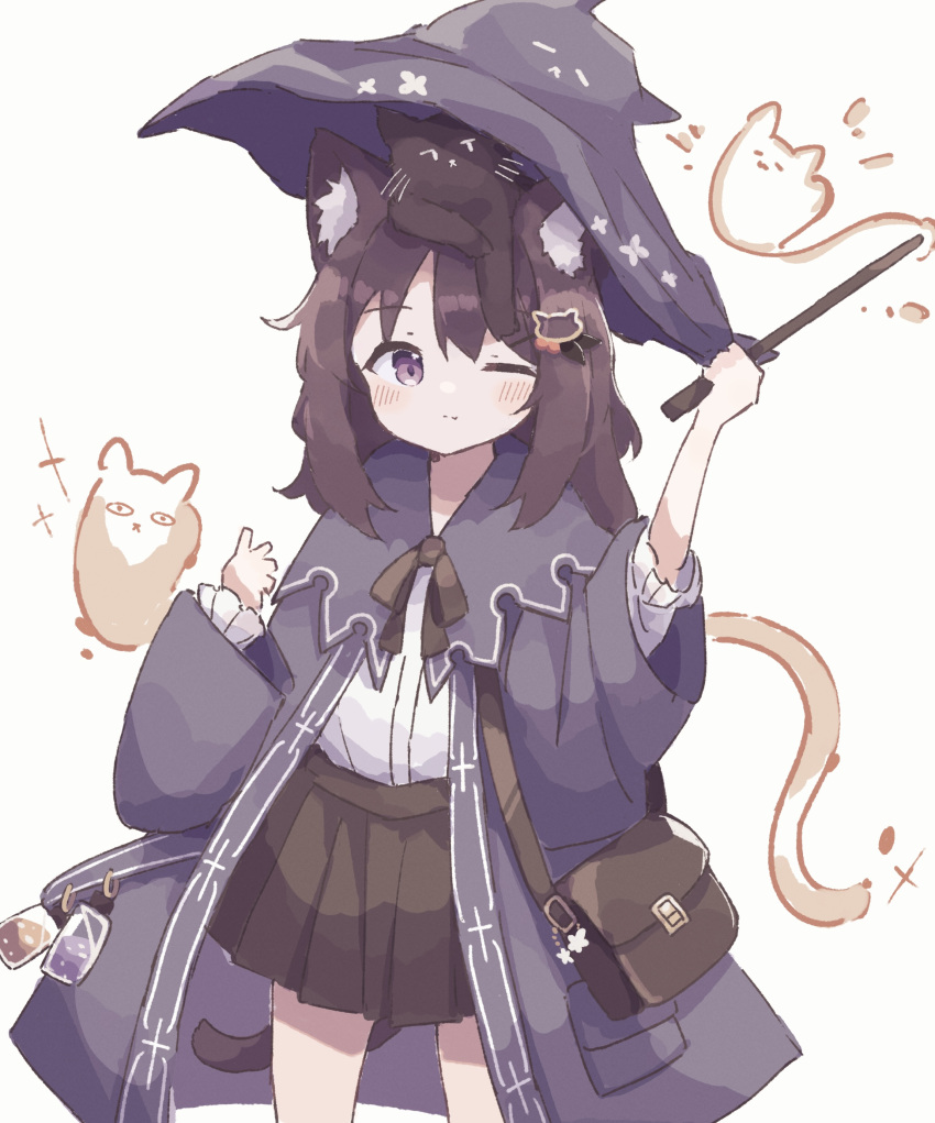 1girl absurdres animal_ears animal_on_head black_ribbon black_skirt blush brown_hair cat cat_ears cat_girl cat_hair_ornament cat_on_head cat_tail closed_mouth coat colon_br cowboy_shot hair_between_eyes hair_ornament hat highres holding holding_wand legs_apart long_hair long_sleeves looking_at_viewer miniskirt neck_ribbon on_head one_eye_closed open_clothes open_coat original pleated_skirt purple_coat raised_eyebrows ribbon shirt sidelocks simple_background skirt solo straight-on tail thighs violet_eyes wand white_background white_shirt witch witch_hat