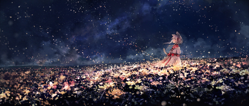 1girl absurdres animal_ears axleaki blurry blush bow closed_mouth clouds cloudy_sky commentary depth_of_field dress field film_grain flower flower_field from_side hand_up highres long_sleeves looking_up night night_sky original outdoors petals puffy_sleeves red_bow scenery short_hair_with_long_locks sky solo standing white_dress white_hair wide_shot wide_sleeves