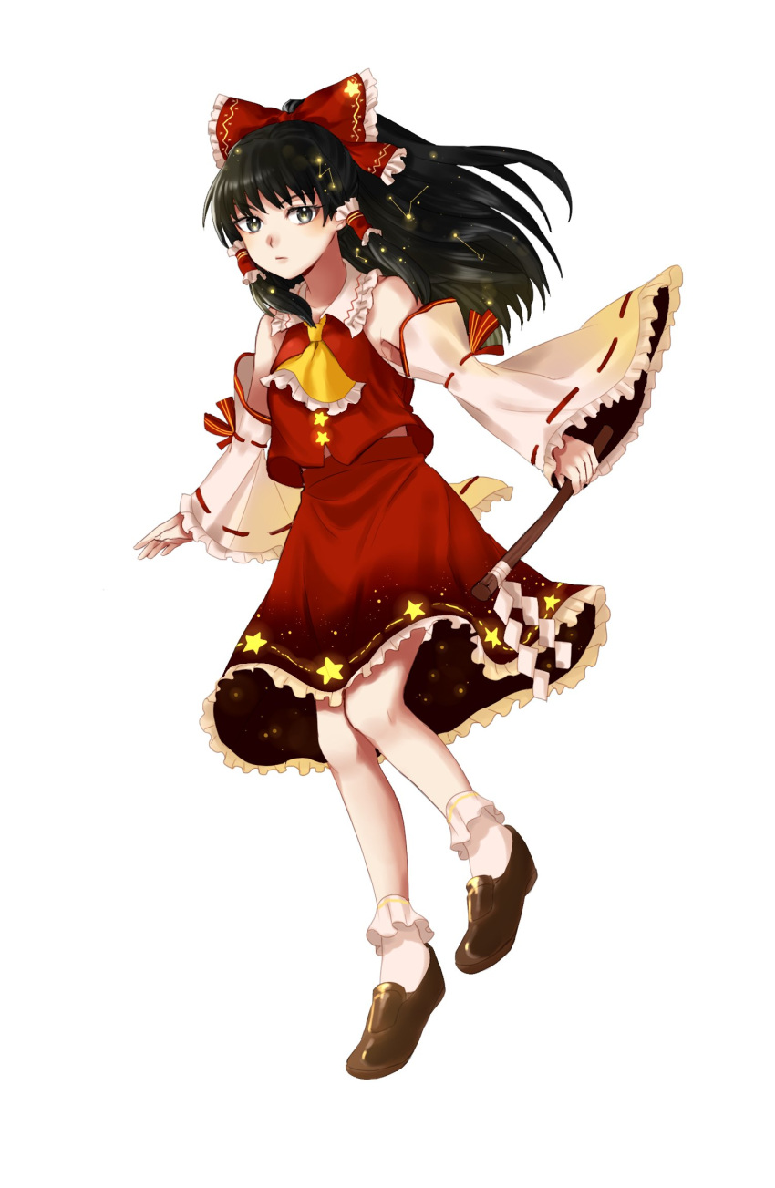 1girl ascot black_eyes black_hair bobby_socks bow breasts closed_mouth expressionless frills full_body gohei hair_bow hair_tubes hakurei_reimu highres holding holding_stick kuya_(hey36253625) long_hair looking_at_viewer midriff_peek red_skirt red_vest simple_background skirt skirt_set small_breasts socks solo standing standing_on_one_leg stick touhou very_long_hair vest white_background wide_sleeves yellow_ascot