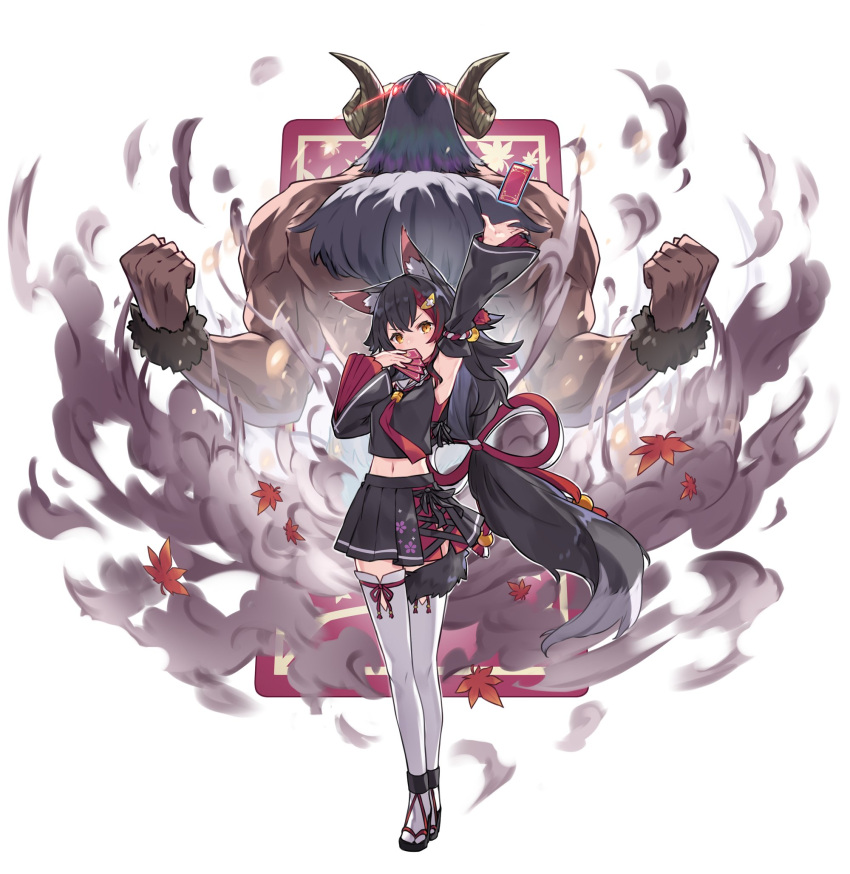 1girl animal_ears arm_up autumn_leaves black_hair black_skirt brown_eyes clenched_hands detached_sleeves glowing glowing_eyes hatotaurus_(ookami_mio) highres hololive horns kazana_(sakuto) midriff navel ookami_mio pleated_skirt skirt smoke summoning tail tarot thigh-highs virtual_youtuber white_thighhighs wolf_ears wolf_tail