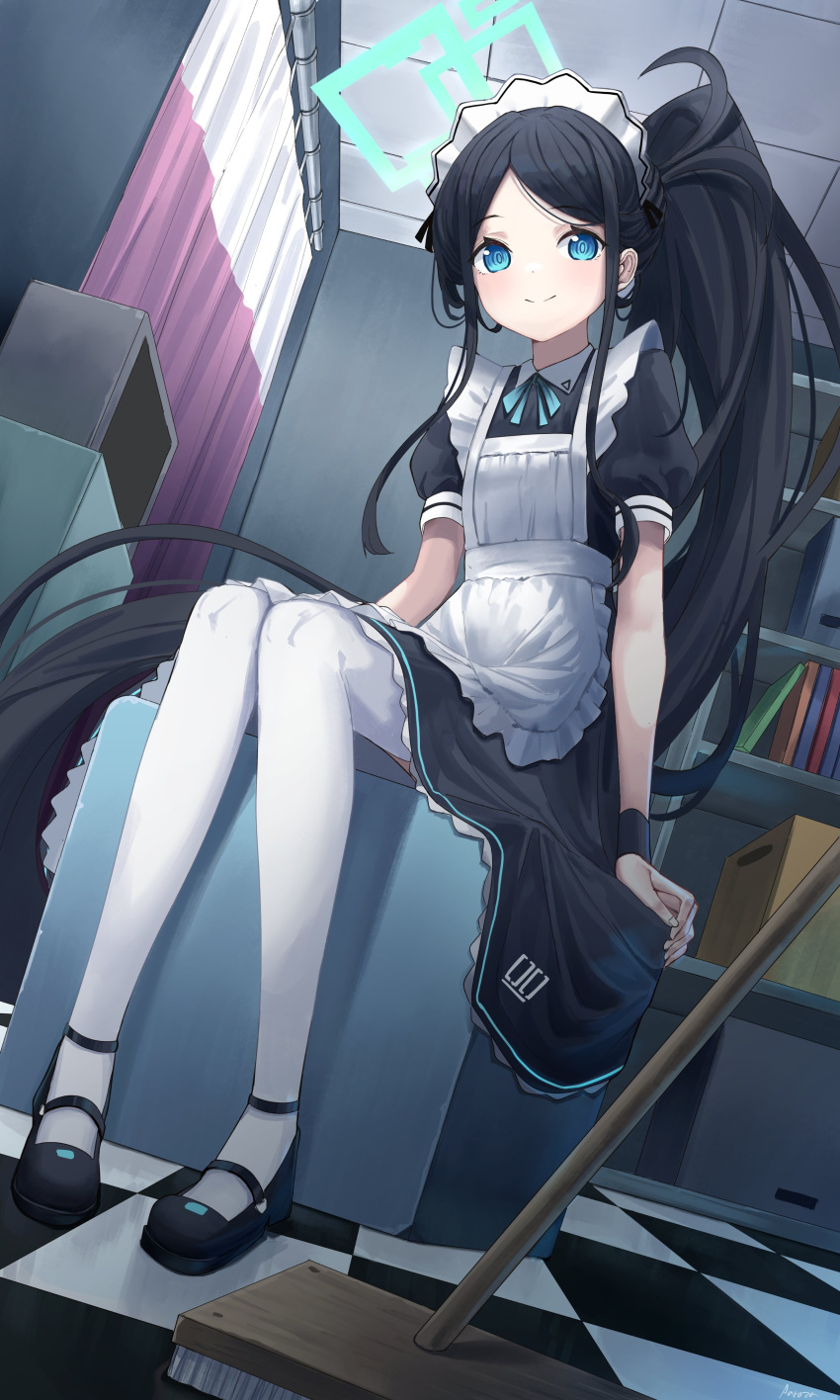 aaroza absurdres apron aqua_ribbon aris_(blue_archive) aris_(maid)_(blue_archive) black_dress black_footwear black_hair blue_archive blue_eyes closed_mouth collared_dress dress frilled_apron frilled_dress frills green_halo halo highres indoors long_hair looking_at_viewer maid maid_apron maid_headdress mary_janes neck_ribbon official_alternate_costume ponytail puffy_short_sleeves puffy_sleeves ribbon ringed_eyes shoes short_sleeves sitting smile thigh-highs very_long_hair white_apron white_thighhighs