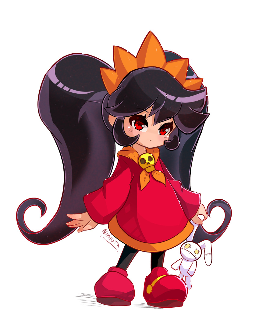 1girl :| absurdres artist_name ashley_(warioware) big_hair black_hair black_pantyhose closed_mouth dress expressionless flat_chest full_body hair_between_eyes hairband highres holding holding_stuffed_toy light_blush long_bangs long_hair long_sleeves looking_at_viewer neckerchief nin10ja no_nose orange_hairband orange_neckerchief pantyhose red_dress red_eyes red_footwear shoes sidelocks signature simple_background skull skull_brooch skull_ornament sleeves_past_wrists solo standing stuffed_animal stuffed_rabbit stuffed_toy swept_bangs thick_eyebrows twintails very_long_hair warioware white_background wide_sleeves witch