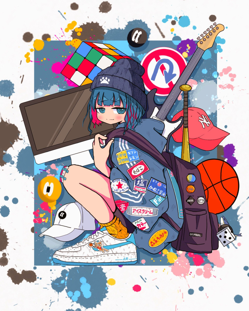 1girl backpack badge bag ball baseball_bat baseball_cap basketball_(object) beanie blue_background blue_eyes blue_hair blue_headwear blue_shirt border button_badge closed_mouth computer dice electric_guitar from_side full_body guitar hat highres holding_strap imac instrument jitome light_blush light_smile looking_at_viewer looking_to_the_side multicolored_hair nao97122 nike original outside_border paint_splatter patch paw_print pink_hair revision ringed_eyes road_sign rubik's_cube shirt shoes sign sleeves_past_elbows sneakers socks solo squatting sticker streaked_hair streetwear triple_vertical_stripe white_border white_footwear wide_sleeves yellow_socks