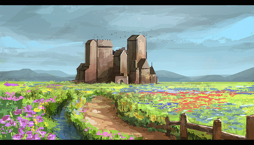 castle clouds cloudy_sky day dirt_road fantasy fence field flower grass kgt_(pixiv12957613) landscape letterboxed mountainous_horizon nature no_humans original outdoors purple_flower road scenery simple_bird sky stream wooden_fence