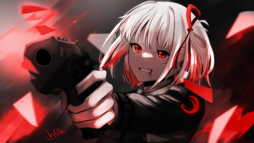 1girl absurdres black_jacket blonde_hair blood blood_from_mouth blood_in_hair chxoswolf clenched_teeth commentary english_commentary gun hair_between_eyes hair_ribbon highres holding holding_gun holding_weapon jacket light_particles long_sleeves lycoris_recoil nishikigi_chisato one_side_up red_eyes red_ribbon ribbon screentones short_hair sidelocks signature solo teeth upper_body weapon