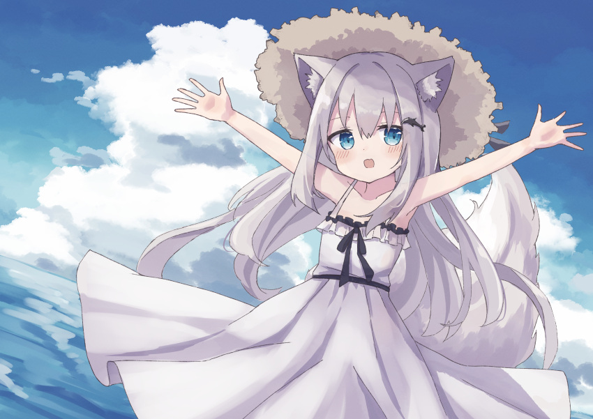 1girl :o absurdres animal_ear_fluff animal_ears bare_shoulders black_ribbon blue_eyes blue_sky blush_stickers clouds cloudy_sky collarbone colon_br cowboy_shot day dress fang fox_ears fox_girl fox_tail frilled_dress frills grey_ribbon hair_between_eyes hair_ornament hat hat_ribbon highres long_dress open_hands open_mouth original outdoors outstretched_arms ribbon sidelocks skin_fang sky sleeveless sleeveless_dress solo straw_hat sundress tail white_dress white_hair