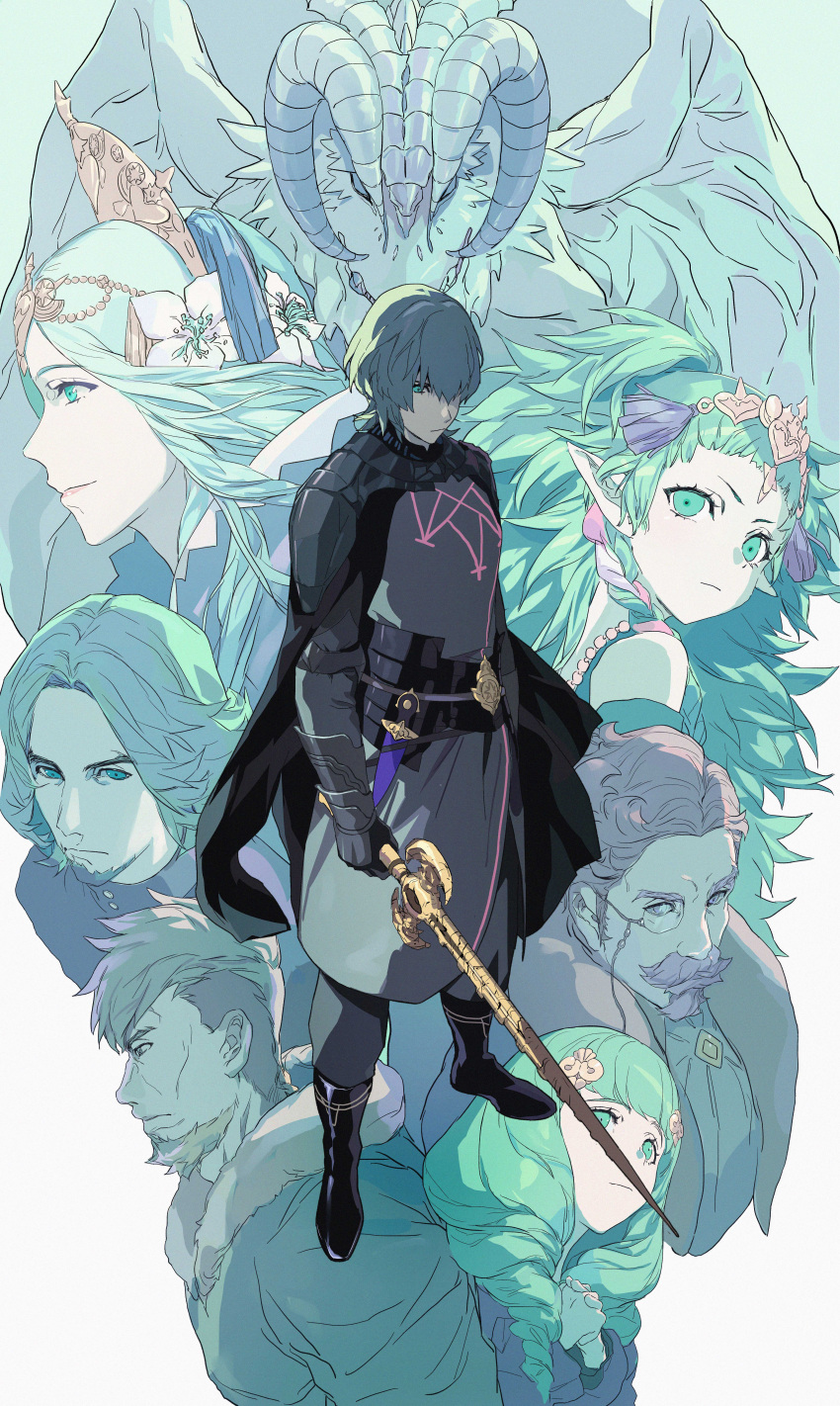 3girls 4boys absurdres armor beard black_armor black_cape black_footwear black_gloves boots brown_eyes brown_hair byleth_(fire_emblem) byleth_(male)_(fire_emblem) cape closed_mouth commentary_request dragon facial_hair father_and_daughter father_and_son fire_emblem fire_emblem:_three_houses flayn_(fire_emblem) flower gauntlets gloves green_eyes green_hair grey_eyes grey_hair hair_between_eyes hair_flower hair_ornament hanneman_von_essar highres holding holding_sword holding_weapon jeralt_reus_eisner kazo_(kidokazo) long_hair looking_at_viewer monocle mother_and_daughter multiple_boys multiple_girls mustache own_hands_together pointy_ears profile rhea_(fire_emblem) seteth_(fire_emblem) short_hair sothis_(fire_emblem) sword sword_of_the_creator the_immaculate_one tiara twintails weapon white_flower