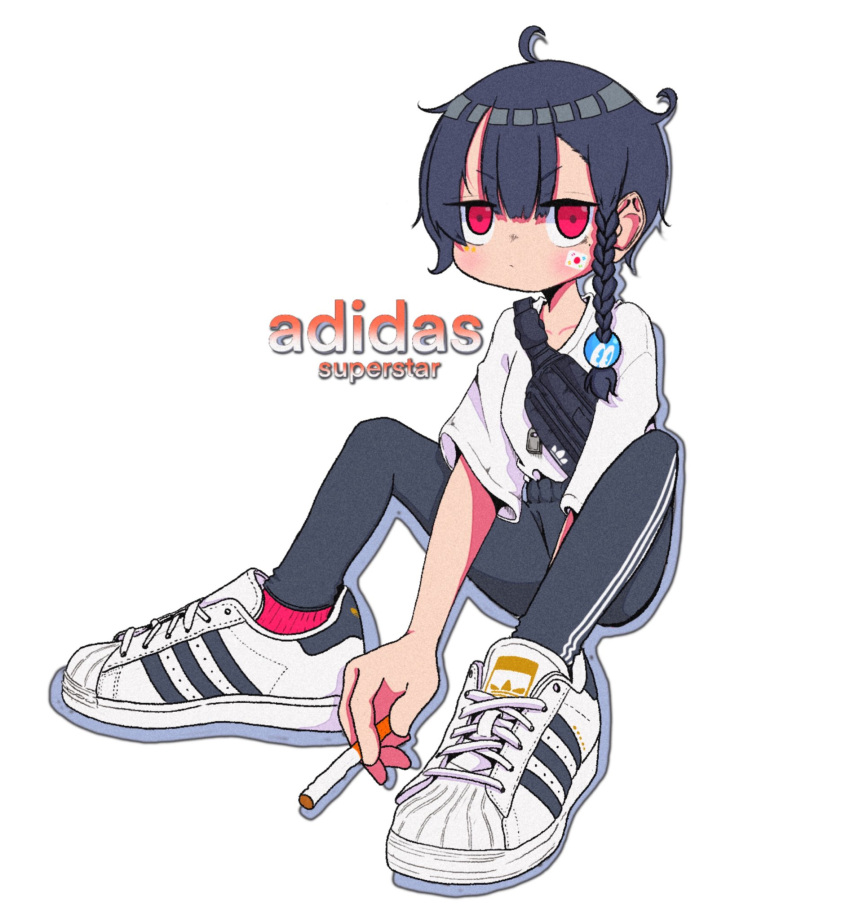 1girl adidas ahoge black_hair black_leggings braid breasts cigarette drop_shadow fanny_pack full_body hair_ornament highres holding holding_cigarette leggings looking_at_viewer nao97122 original product_placement red_eyes red_socks ribbed_socks shirt shirt_tucked_in shoes short_sleeves side_braid simple_background single_braid sitting small_breasts smoking sneakers socks solo sticker_on_face t-shirt triple_vertical_stripe white_background white_footwear white_shirt