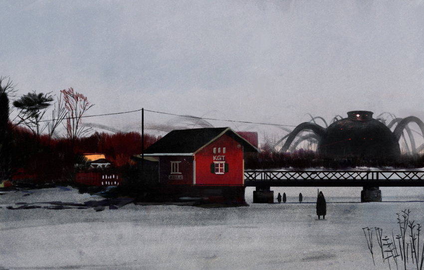 4others bridge day grey_sky highres house kgt_(pixiv12957613) landscape monster multiple_others nature original outdoors overcast people plant power_lines scenery sky snow tree utility_pole very_wide_shot