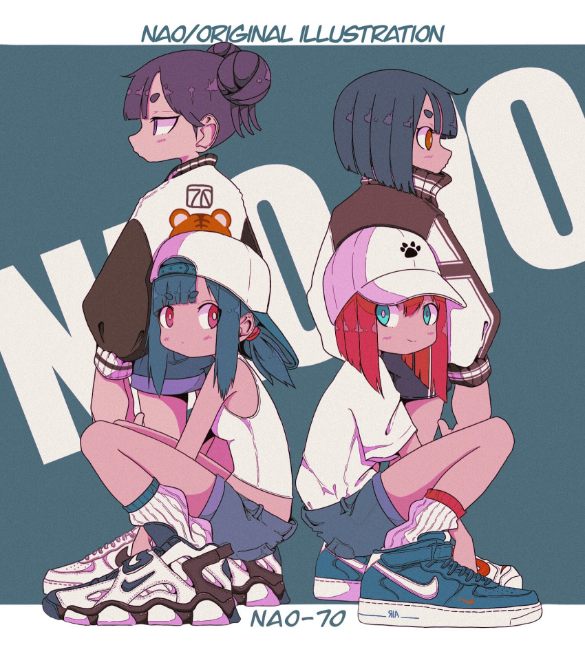 4girls aqua_background aqua_eyes arms_between_legs artist_name backwards_hat baseball_cap black_jacket black_sleeves blue_footwear blue_hair blue_shorts blunt_ends breasts closed_mouth double_bun english_text from_behind full_body grey_hair grey_shorts hair_bun hat highres jacket long_sleeves looking_at_viewer looking_to_the_side medium_hair multiple_girls nao97122 nike orange_eyes original paw_print profile purple_hair red_eyes redhead ribbed_socks shirt shirt_tucked_in shoes short_hair shorts sidelocks sleeveless sleeveless_shirt small_breasts smile sneakers socks squatting standing streetwear t-shirt violet_eyes white_footwear white_headwear white_jacket white_shirt white_socks