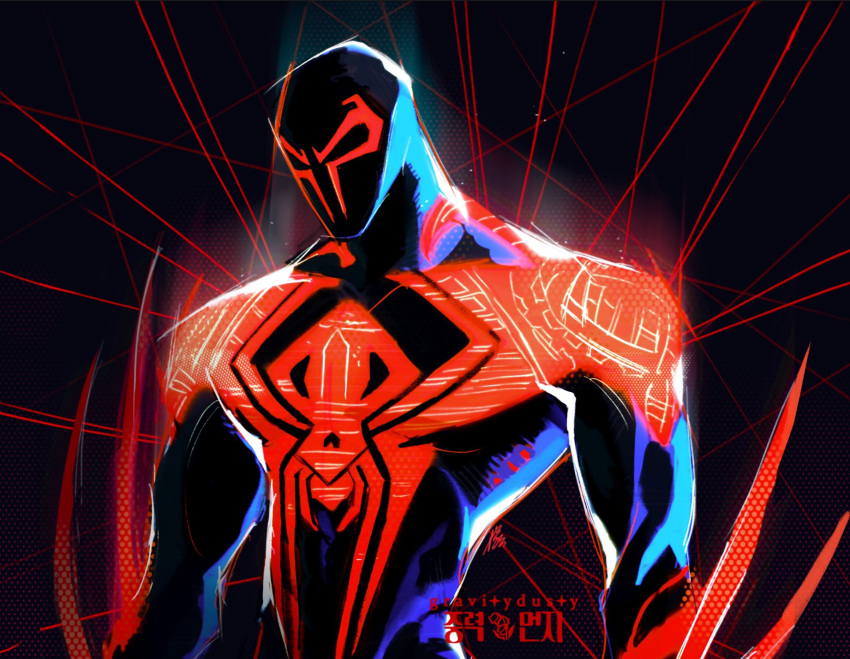 1boy animal_print artist_name black_background bodysuit dated_commentary gravitydusty highres male_focus marvel miguel_o'hara muscular muscular_male red_bodysuit solo spider-man:_across_the_spider-verse spider-man_(2099) spider-man_(series) spider_print two-tone_bodysuit