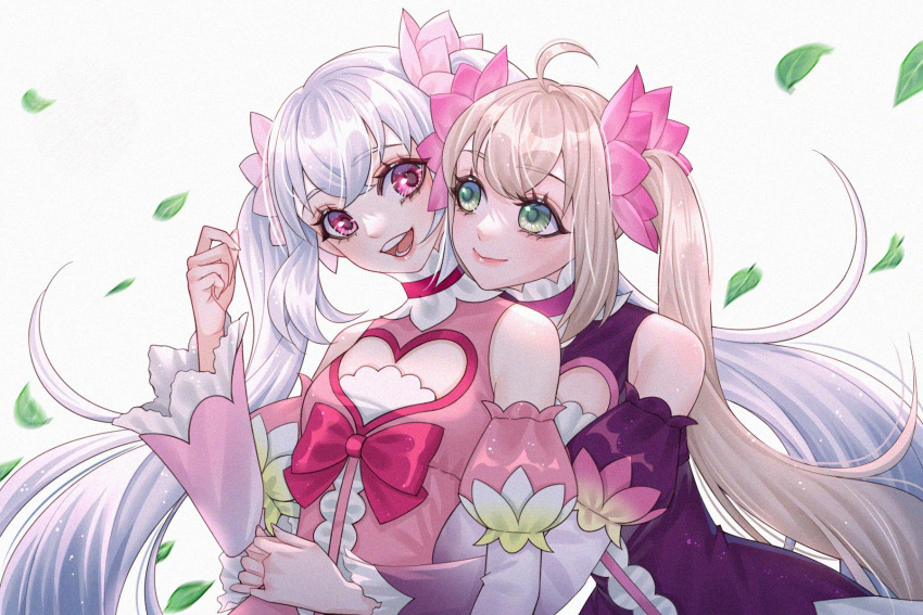 2girls :d ahoge bare_shoulders brown_hair cleavage_cutout closed_mouth clothing_cutout detached_sleeves dress flower hair_flower hair_ornament hand_up heart_cutout high_collar highres hug hug_from_behind juliet_sleeves kumu_zaisheng leaf long_hair long_sleeves looking_at_another multiple_girls pink_dress pink_eyes pink_flower puffy_sleeves purple_dress qingming_(xiao_huaxian) siblings sisters smile teeth twintails upper_body very_long_hair water_lily_flower white_background white_hair wushuang_(xiao_huaxian) xiao_huaxian