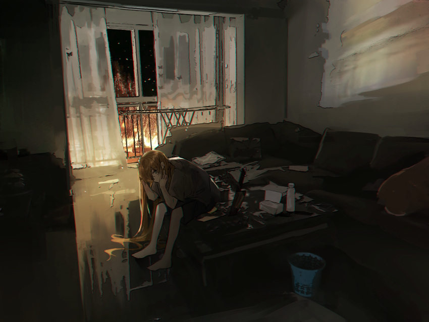 1girl absurdres axleaki barefoot blonde_hair blue_eyes chromatic_aberration commentary couch curtains grey_shirt hand_on_own_face hand_on_own_head highres indoors knife long_hair looking_at_viewer night original shirt short_sleeves sitting sitting_on_table solo tissue_box window
