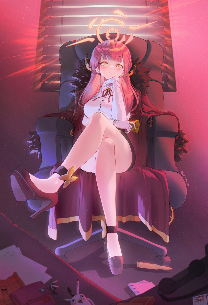 1girl absurdres artist_name aru_(blue_archive) ass black_footwear black_jacket black_skirt blouse blue_archive blush breasts brown_jacket bullet card chair closed_mouth coat coat_on_shoulders credit_card crossed_legs demon_girl demon_horns dot_nose feet fur_coat gloves halo hancho hand_on_own_face hand_up high_heels highres holding horns id_card jacket legs long_coat long_hair long_sleeves on_chair orange_eyes paper pen phone pink_eyes pink_hair red_eyes red_ribbon redhead ribbon shirt sitting skirt slit smile smirk solo thighs toe_cleavage wallet white_gloves white_shirt