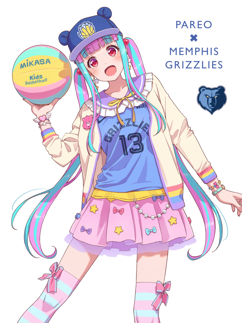1girl :d animal_ear_headwear animal_ears aqua_bow aqua_hair ball bang_dream! baseball_cap basketball_(object) basketball_jersey bear_ears blue_bow blue_headwear blue_shirt blue_thighhighs blunt_bangs blush bow bow_earrings bracelet character_name collarbone commentary_request cosplay earrings english_commentary eyelashes fake_animal_ears fedex frilled_sailor_collar frills hair_bobbles hair_ornament hand_up hat heart_bracelet highres holding holding_ball jacket jaren_jackson_jr. jaren_jackson_jr._(cosplay) jersey jewelry logo long_hair long_sleeves looking_at_viewer memphis_grizzlies mixed-language_commentary multicolored_hair national_basketball_association neck_ribbon nike nyubara_reona open_clothes open_jacket open_mouth pink_bow pink_skirt pink_thighhighs pleated_skirt purple_bow purple_hair purple_sailor_collar red_eyes ribbon sailor_collar shirt sidelocks simple_background skirt smile solo standing star_(symbol) star_bracelet star_earrings streaked_hair striped striped_thighhighs tareme thigh-highs twintails very_long_hair watch watch white_background yazawa_happyaro yellow_jacket yellow_ribbon