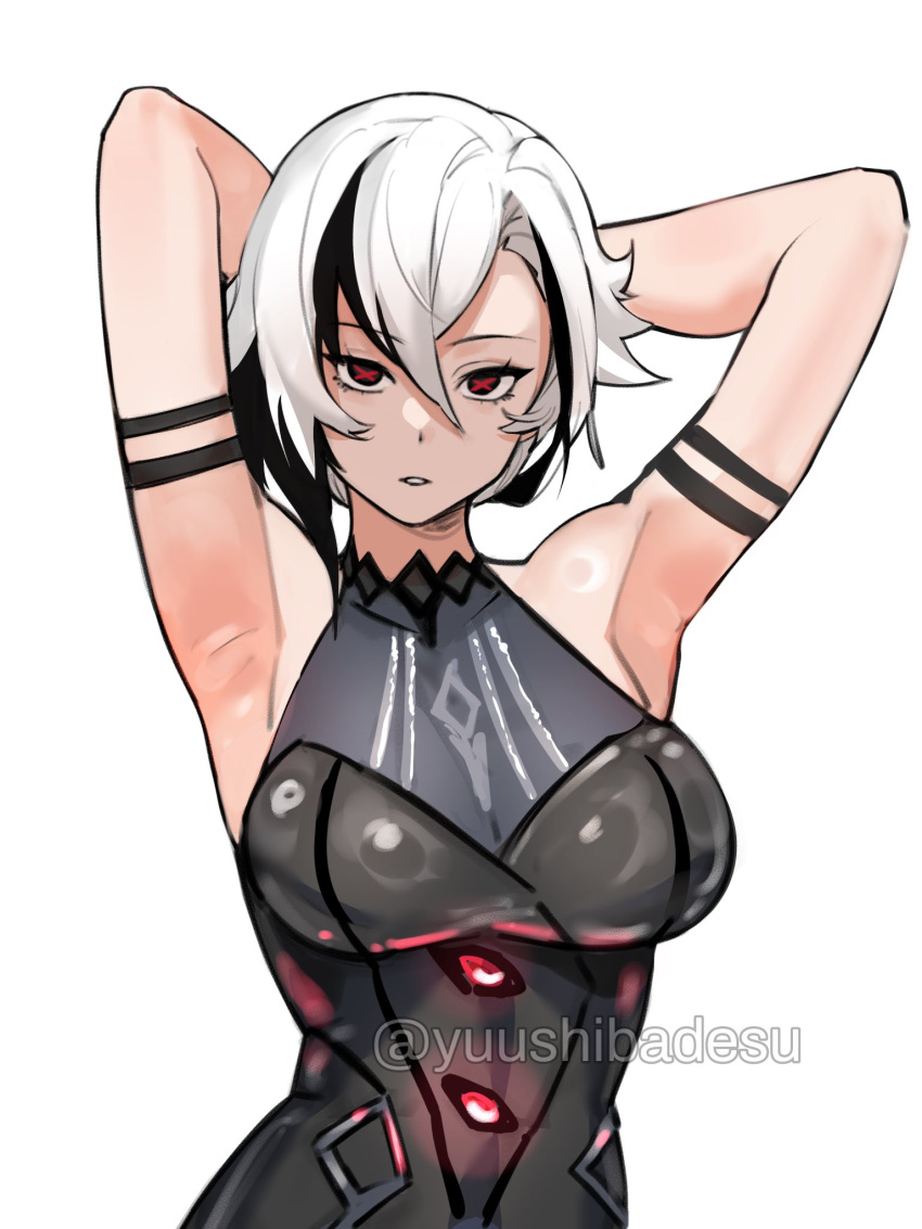 1girl adapted_costume arlecchino_(genshin_impact) arm_behind_head arm_up armpits arms_behind_head arms_up bare_shoulders black_eyes black_hair breasts closed_mouth genshin_impact hair_between_eyes highres looking_at_viewer multicolored_hair official_alternate_costume red_pupils solo spoilers streaked_hair symbol-shaped_pupils two-tone_hair white_hair x-shaped_pupils yuushiba