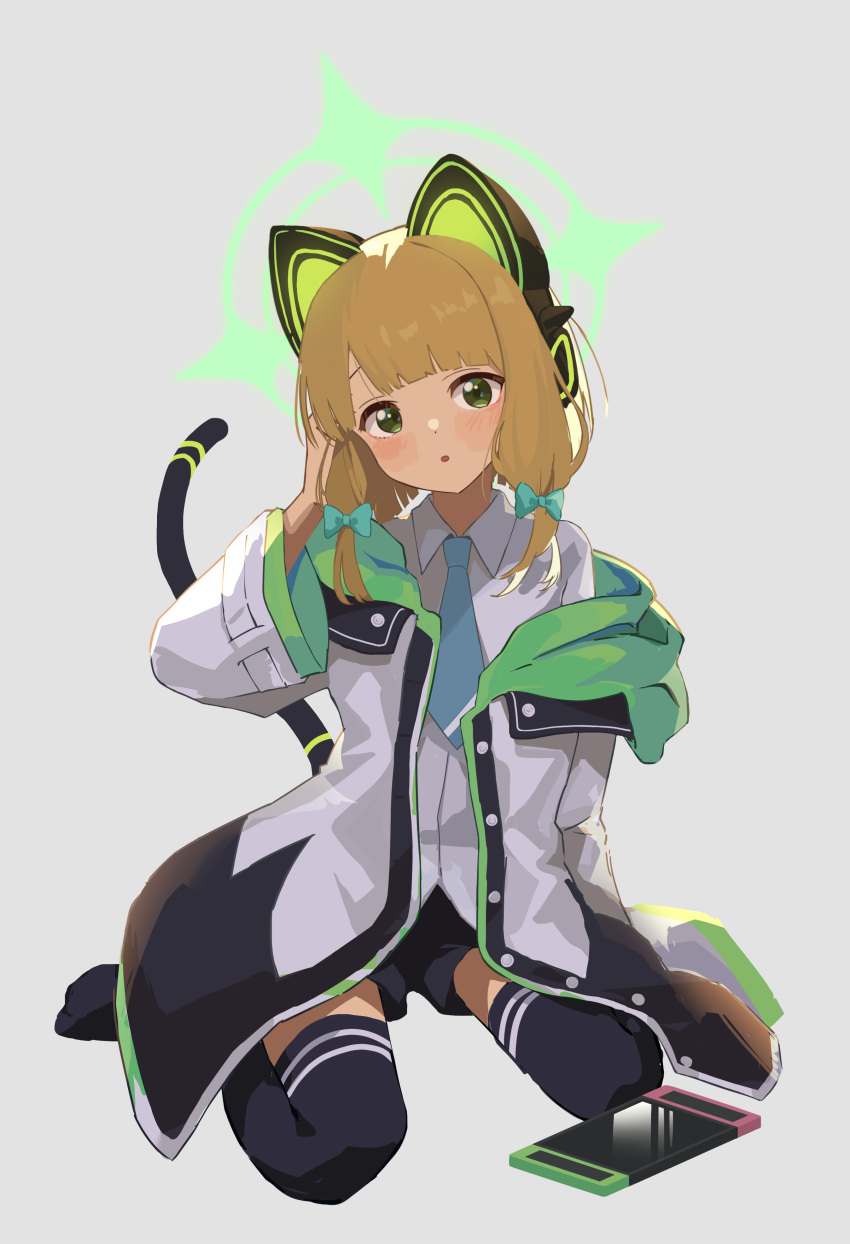 :o absurdres animal_ears black_jacket black_skirt black_thighhighs blonde_hair blue_archive blue_bow blue_necktie blush bow cat_ears cat_tail collared_shirt dot_nose fake_animal_ears fake_tail green_eyes green_halo grey_background hair_bow halo hand_in_own_hair handheld_game_console head_tilt highres hood hood_down hooded_jacket jacket kgt_(pixiv12957613) long_bangs long_sleeves looking_at_viewer medium_hair midori_(blue_archive) multicolored_clothes multicolored_jacket necktie off_shoulder open_mouth shirt sidelocks simple_background sitting skirt striped striped_thighhighs tail thigh-highs two-tone_jacket wariza white_jacket white_shirt zettai_ryouiki