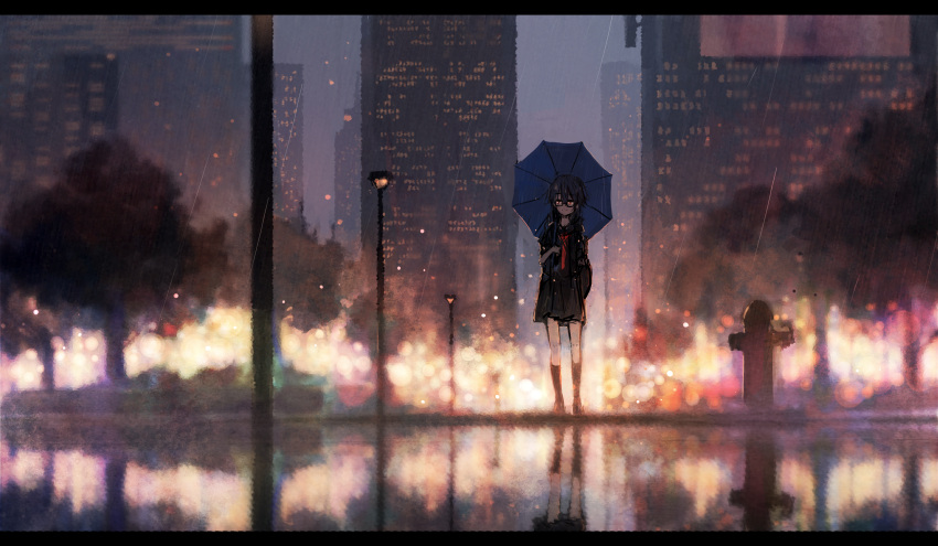 1girl axleaki black_hair black_skirt black_socks blurry blurry_background building city city_lights cityscape closed_mouth commentary fire_hydrant glasses hair_between_eyes highres holding holding_umbrella lamppost lens_flare letterboxed long_hair necktie night original rain red_eyes red_necktie reflection scenery school_uniform shirt short_sleeves skirt skyscraper socks solo standing tree umbrella wet_ground white_shirt wide_shot