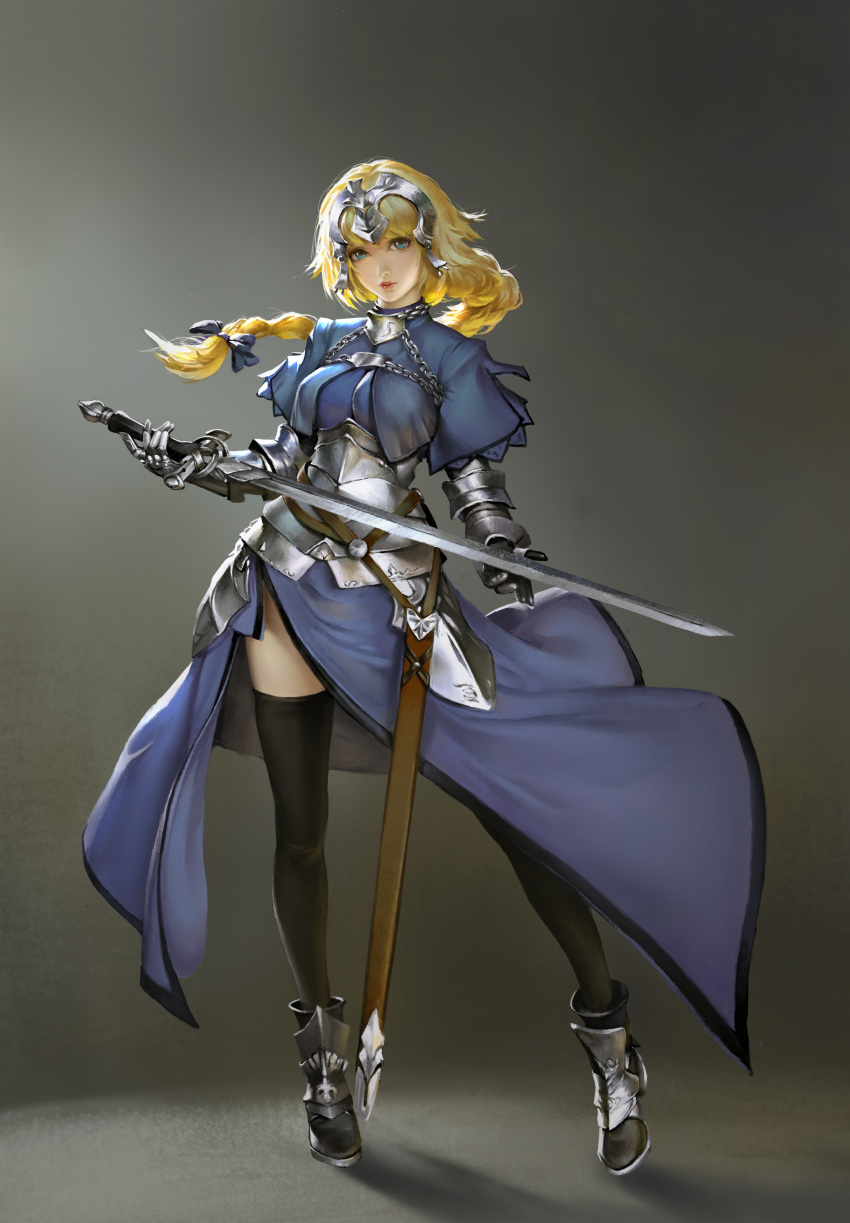 1girl absurdres armor armored_boots armored_dress black_thighhighs blonde_hair blue_dress blue_eyes boots braid chain dress fate/apocrypha fate/grand_order fate_(series) full_body gauntlets highres holding holding_sword holding_weapon jeanne_d'arc_(fate) long_hair looking_at_viewer sheath simple_background single_braid standing standing_on_one_leg sword thigh-highs weapon zhanglei8048