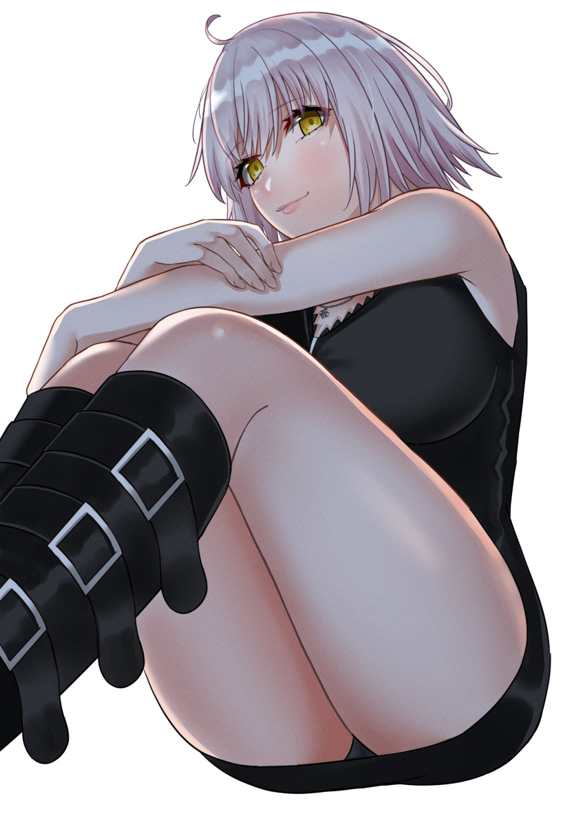 1girl absurdres ahoge alternate_costume blonde_hair boots breasts eyebrows_hidden_by_hair fate/grand_order fate_(series) highres jeanne_d'arc_alter_(avenger)_(fate) jeanne_d'arc_alter_(fate) jeanne_d'arc_alter_(ver._shinjuku_1999)_(fate) jewelry knee_boots knees_up large_breasts looking_at_viewer necklace official_alternate_costume simple_background sitting sleeveless smile solo thighs tomotomow00w white_background yellow_eyes