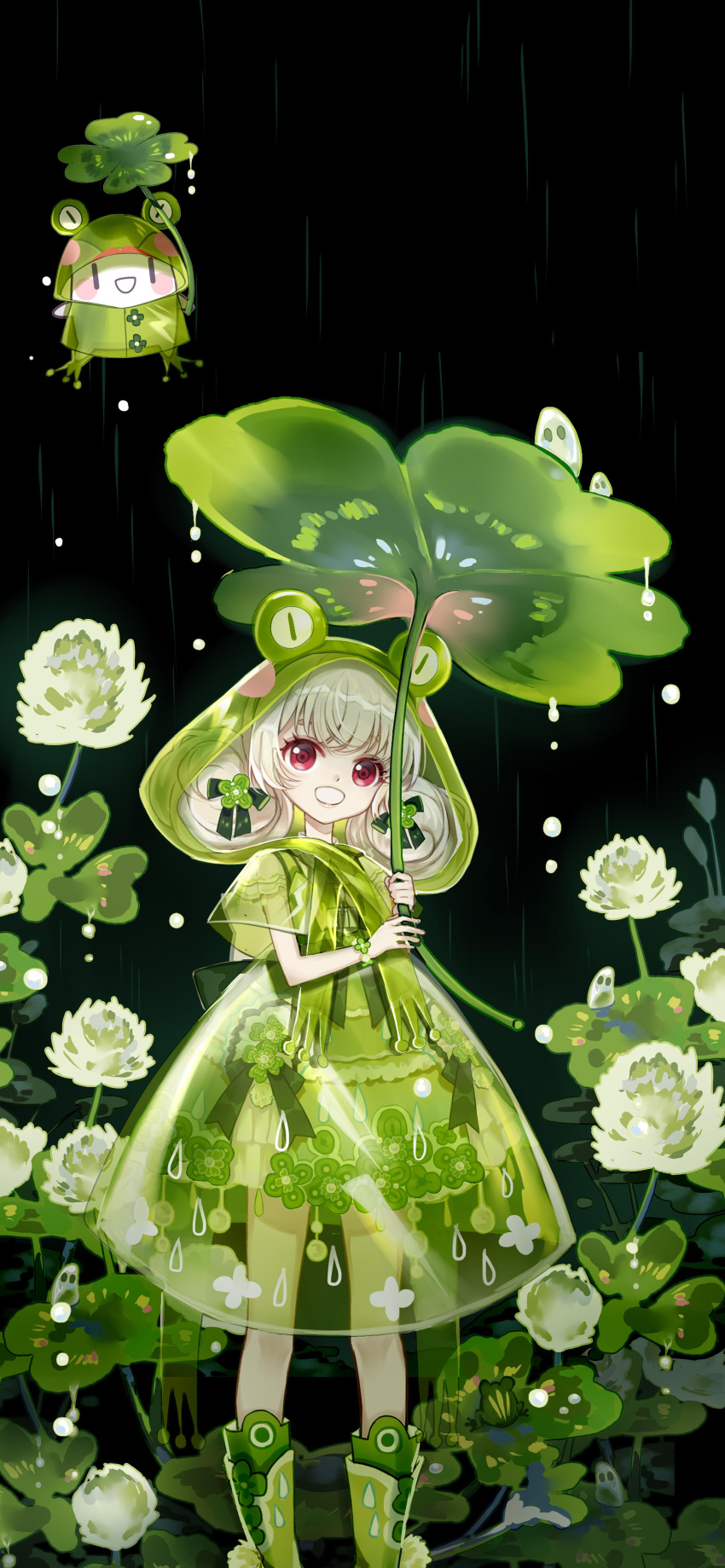 1girl :d absurdres animal_costume bare_arms bcy black_background boots bow clover_hair_ornament clover_print collared_shirt dress dress_bow feet_out_of_frame flower_bracelet frog_costume frog_hair_ornament frog_raincoat full_body green_bow green_dress green_footwear grey_hair hair_ornament highres holding holding_leaf hood hood_up knee_boots leaf leaf_umbrella low_twintails overall_skirt rain red_eyes ruan_miemie rubber_boots shirt short_dress short_sleeves smile solo standing transparent_raincoat twintails white_shirt xialuo_yingling