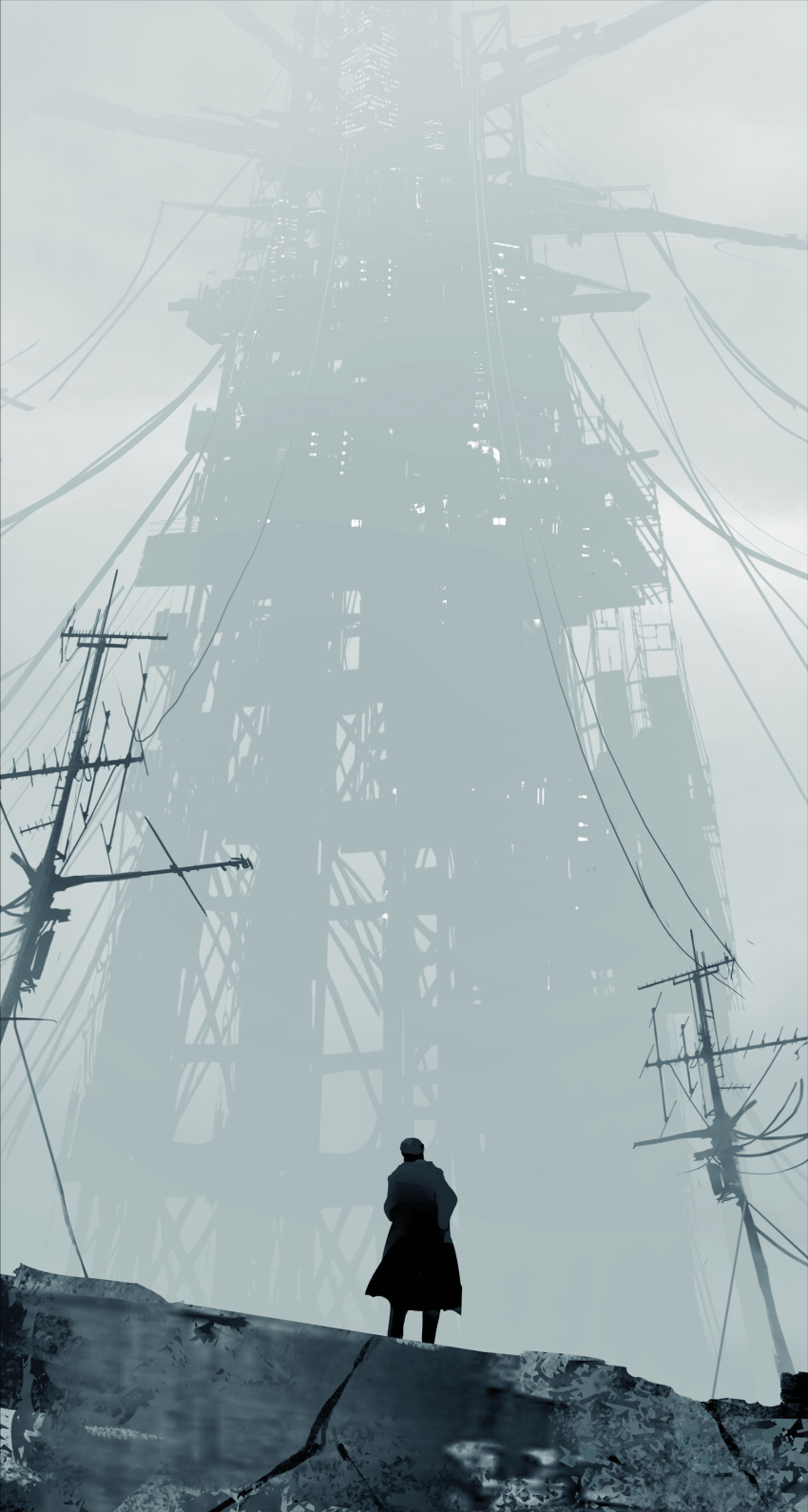 1other absurdres black_coat coat commentary concrete day fog from_behind haru_akira highres original outdoors power_lines radio_antenna scenery solo standing tower wide_shot