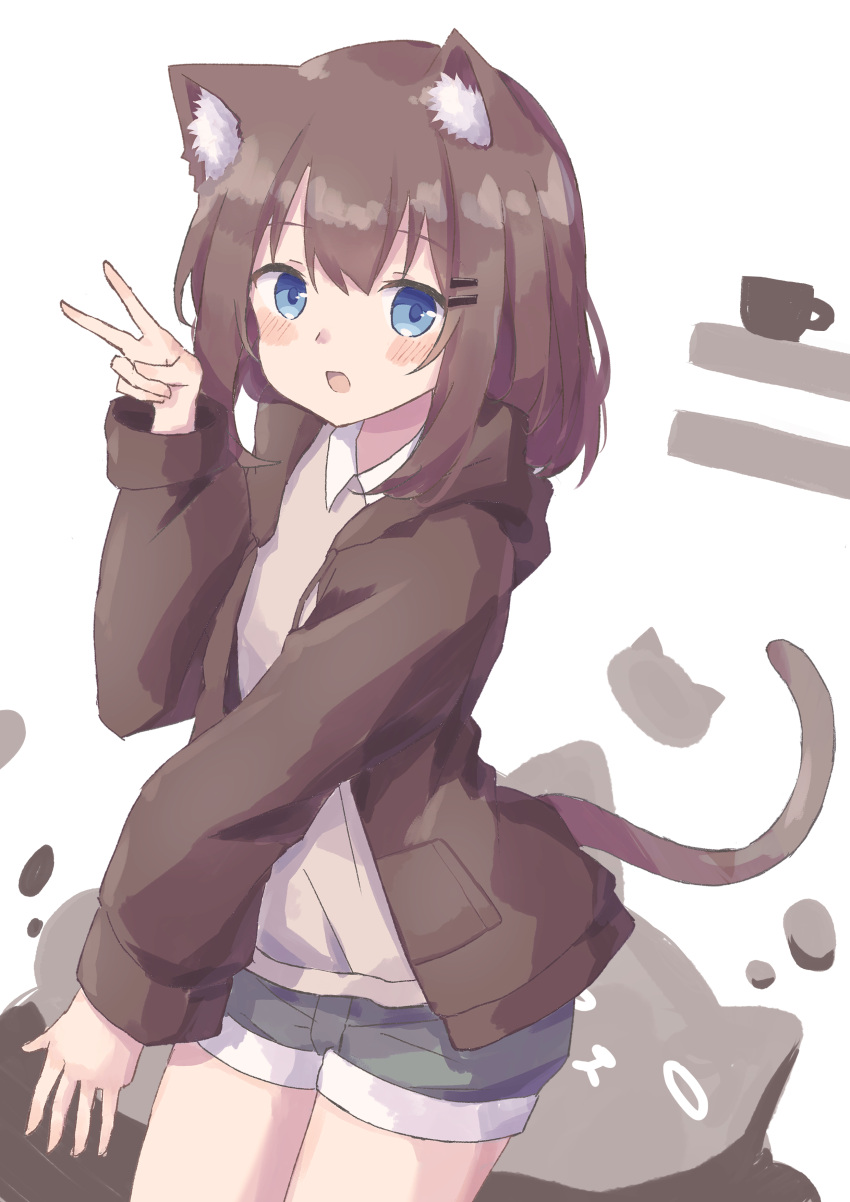 1girl :d absurdres animal_ear_fluff animal_ears blue_eyes blue_shorts blush brown_hair brown_jacket cat_ears cat_girl cat_tail collared_shirt colon_br cowboy_shot cup drawstring dutch_angle hair_between_eyes hair_ornament hairclip hand_up highres hood hood_down hooded_jacket jacket layered_clothes legs_together medium_hair open_clothes open_jacket open_mouth original raised_eyebrows shirt short_shorts shorts sidelocks smile solo sweater tail thighs v white_shirt white_sweater