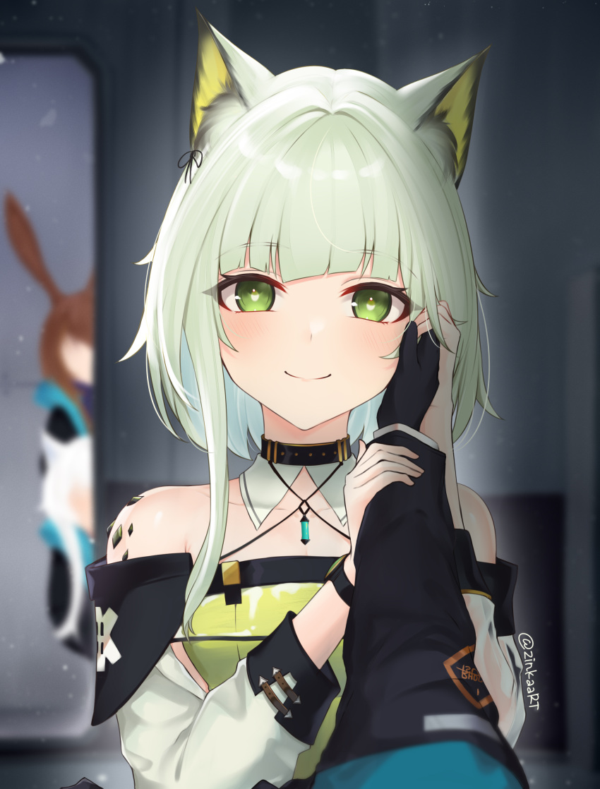 1other 2girls absurdres amiya_(arknights) animal_ears arknights bare_shoulders blunt_bangs blurry cat_ears closed_mouth collar commentary depth_of_field doctor_(arknights) dress green_dress green_eyes green_hair hand_on_another's_cheek hand_on_another's_face highres jewelry kal'tsit_(arknights) looking_ahead looking_at_viewer multiple_girls oripathy_lesion_(arknights) peeking_out pendant pov pov_hands short_hair_with_long_locks smile solo_focus straight-on twitter_username upper_body zinkaa