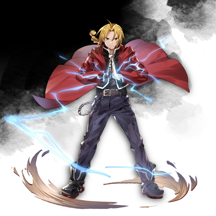 1boy belt black_belt black_footwear black_pants black_shirt blonde_hair boots braid braided_ponytail chain coat dust edward_elric floating_clothes frown full_body fullmetal_alchemist gloves highres male_focus mechanical_arms palms_together pants red_coat shirt single_glove single_mechanical_arm solo white_gloves yellow_eyes zrae