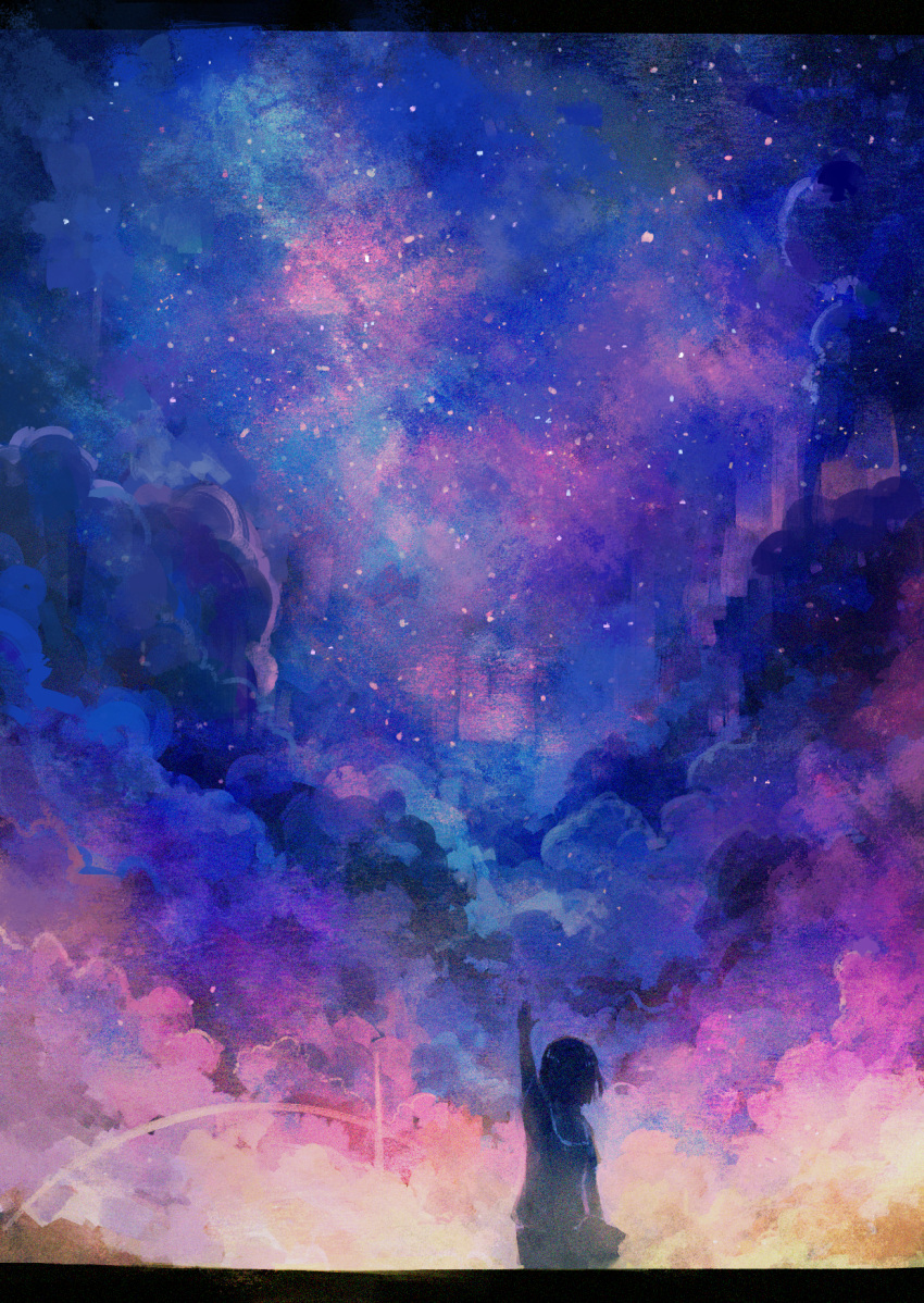 1girl arm_up axleaki black_hair clouds cloudy_sky commentary cowboy_shot facing_away film_grain from_behind highres letterboxed multicolored_sky night night_sky original outdoors sailor_collar scenery short_hair sky sky_focus solo star_(sky) starry_sky wide_shot